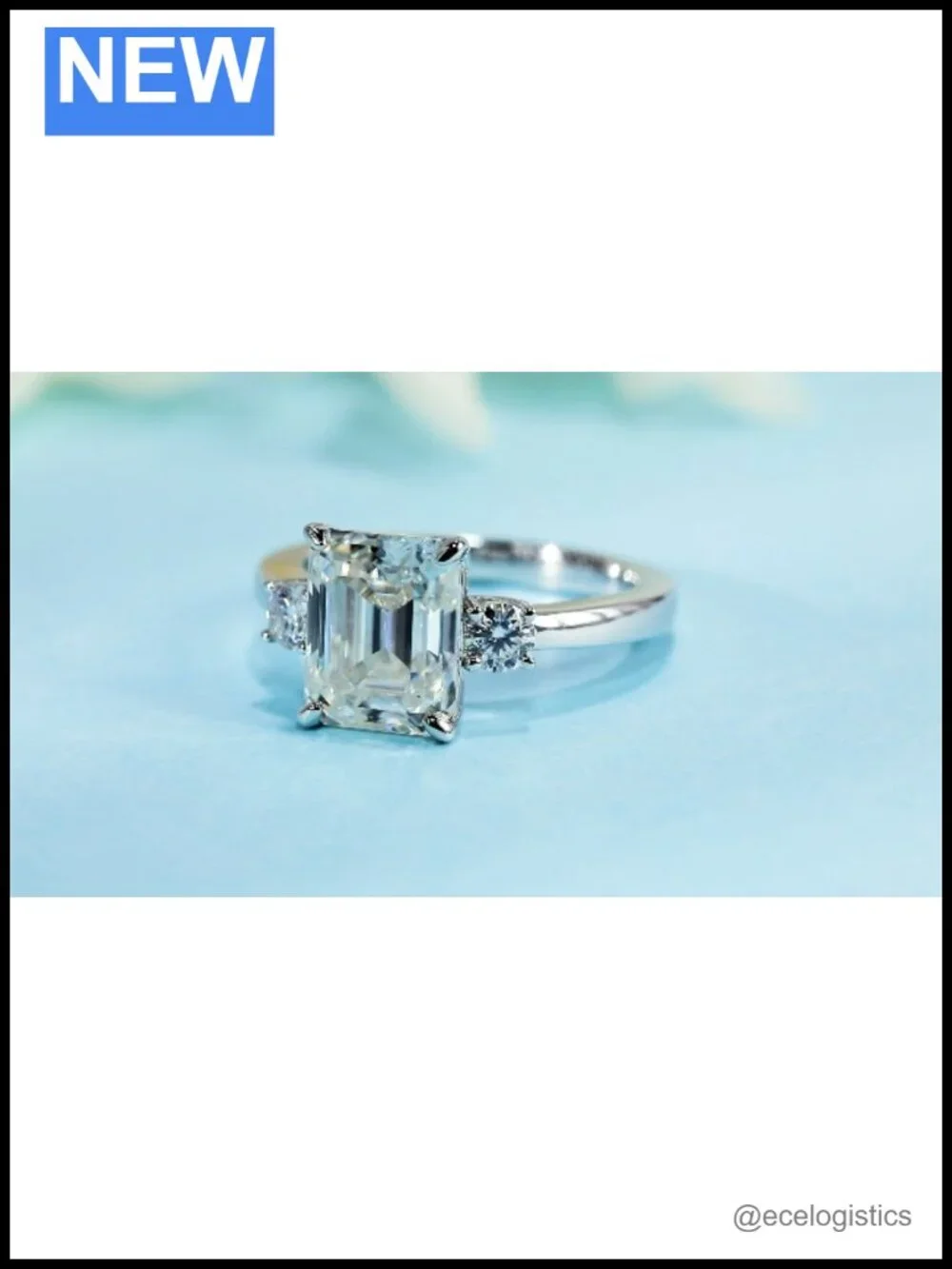 Emerald Cut Moissanite 3 Stone Engagement Ring S925 Sterling Silver 18K White